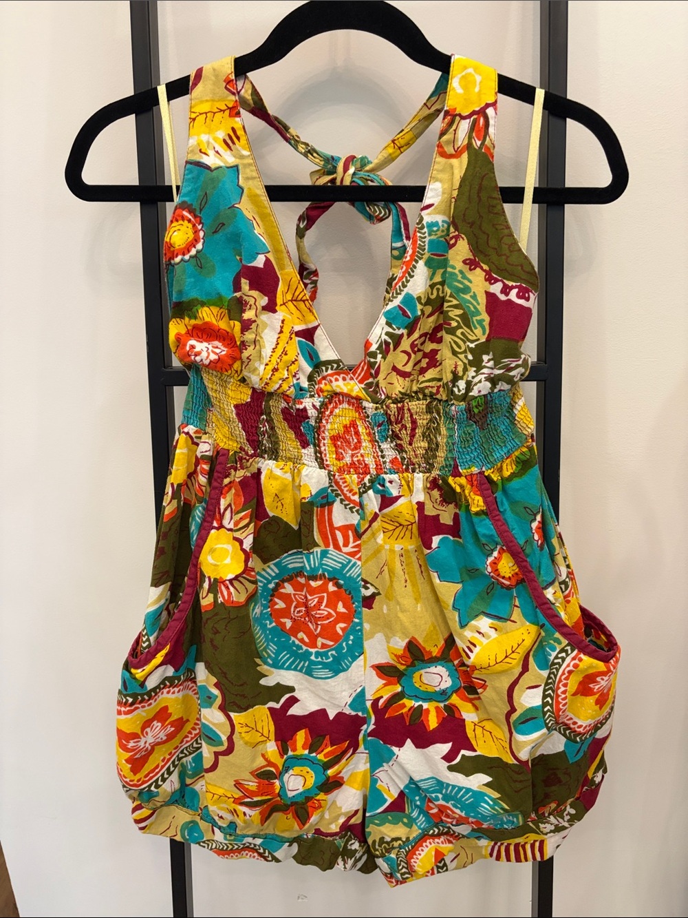 Fire Los Angeles Floral Halter Romper in Yellow, Teal & Olive